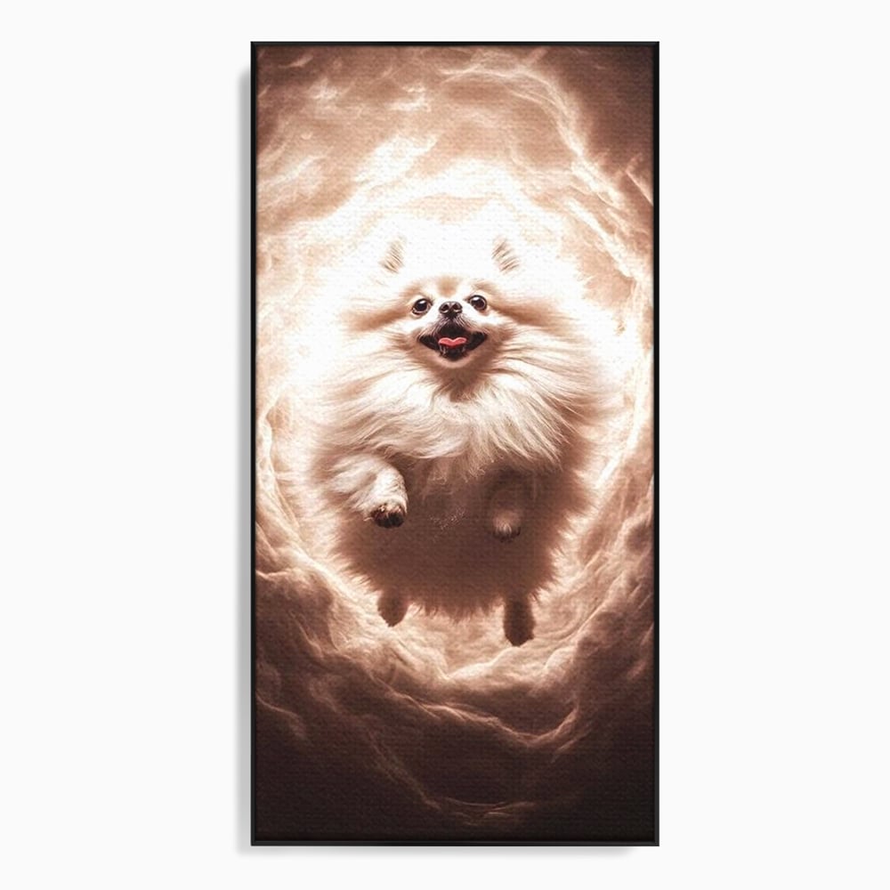 Tablou canvas cu tablou canvas cu caine pomeranian pufos, in rama de aluminiu negru